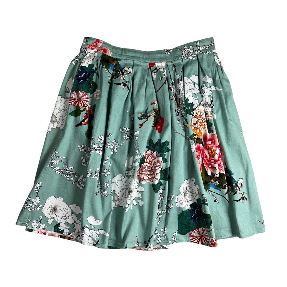 Grace Karin Women's Green Floral Hepburn Pleated Skirt with Pockets Size M